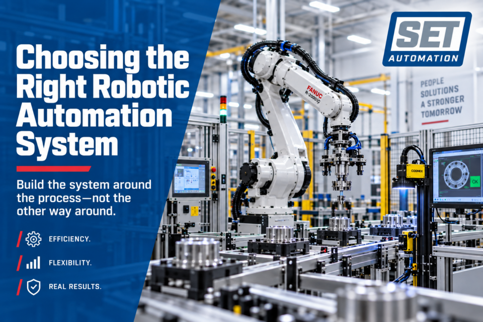 Dark SET blue panel on the left, bold white headline, red accent line, actual SET Automation logo in the upper-right, and the automation equipment on the right.